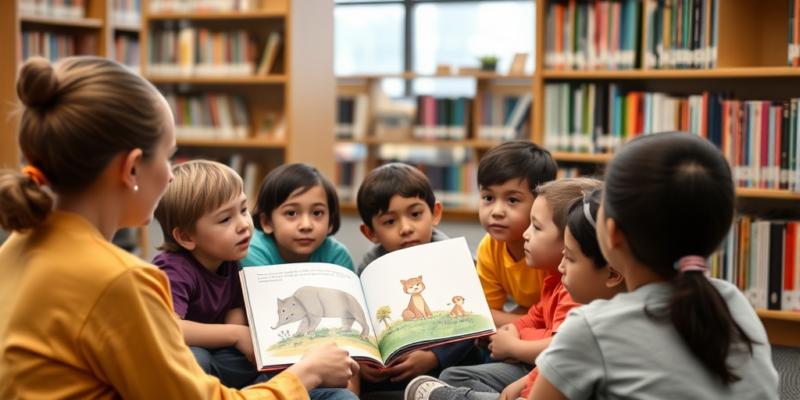 Uma professore lendo um livro para um grupo de crianças